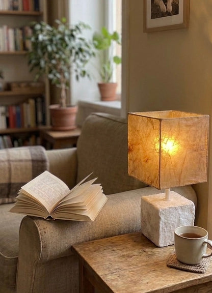 Cube lamp — mycelium & kombucha leather