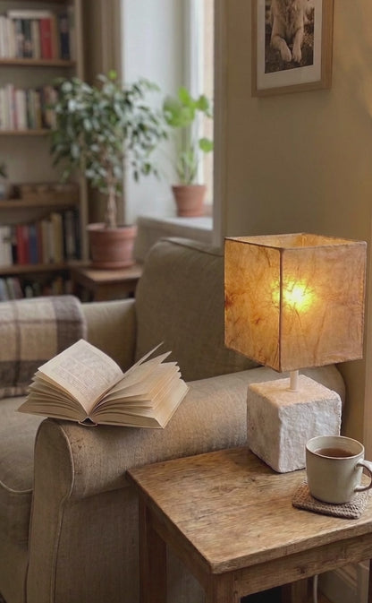 Cube lamp — mycelium & kombucha leather